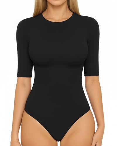 ALGALAROUND Women's Half Sleeve Crew Neck Bodysuit UK | Elbow sleeve 1/2 Sleeve Body Suit Slim Fit Going Out Tops 3/4 Sleeve T-shirt for Ladies Summer Leotard with Snap Closure
