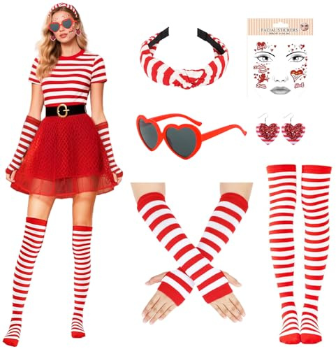 Karneval Kostüm Köln, Herzförmige Brille, Ohrringe, Haarreif Rot Weiss, Gestreifte Handschuhe, Ringelstrümpfe, Kölner Karneval Rot Weiß Engel Gesichtstattoo, für Kölner Rot Weiss Karneval Damen