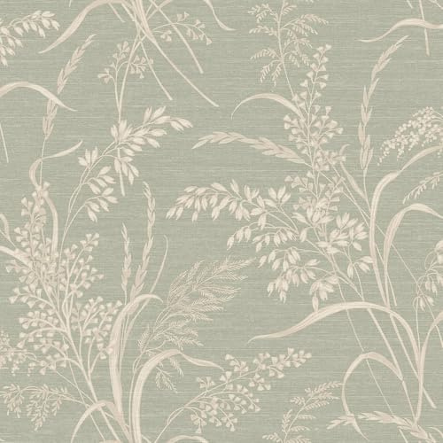 Grandeco Papier peint illustré botanique des prairies, parfait pour les salons, les chambres, les couloirs dans un vert sauge doux (A82401)