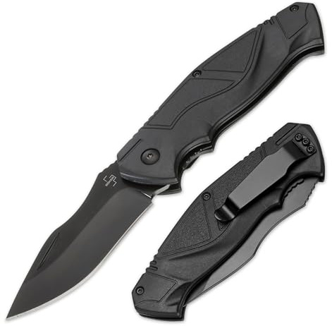 BÖKER PLUS® All Black Pro 42 - Profi Zweihandmesser mit 8 cm D2 Klinge - taktisches Taschenmesser mit Clip - hochwertiges Einsatzmesser klappbar mit Linerlock - Klappmesser mit Nylon-Griff schwarz