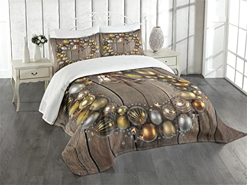 ABAKUHAUS Weihnachten Tagesdecke Set, Noel Ornament-Muster, Set mit Kissenbezügen Ohne verblassen, für Doppelbetten 264 x 220 cm, Dunkler Senf Braun