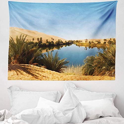 ABAKUHAUS Wüste Wandteppich, Idyllische Oasis Awbari aus Weiches Mikrofaser Stoff Waschbar ohne Verblassen Digitaldruck, 150 x 110 cm, Sandbraun Hellblau Grün