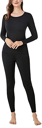 LAPASA Damen Innenfleece Thermounterwäsche Set, Thermooberteil & Thermohose Leggings Funktionsunterwäsche Sets, L41 Schwarz, 200 Wärmer, XXL
