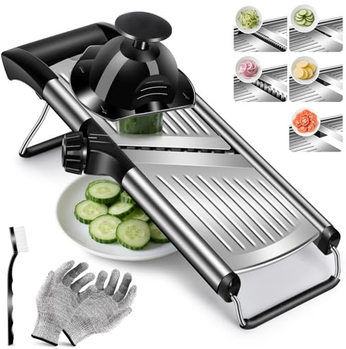 Masthome Mandoline Lebensmittelschneider Einstellbare Dicke für Käse Obst Gemüse Edelstahl Lebensmittelschneider Slicer Dicer mit extra Bürste und Klingenschutz für die Küche