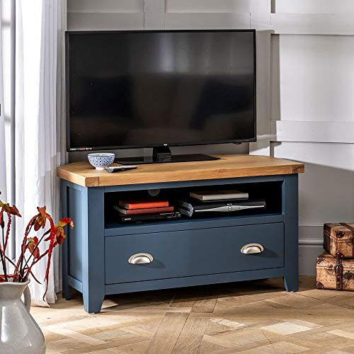 The Furniture Market Westbury Blue Painted Corner TV Unit – Solid Wood, Oak Top, Storage Drawer & Open Shelf – Ideal for TVs up to 50” – Navy Blue Finish – No Assembly - H 565mm x W 1000mm x D 500mm