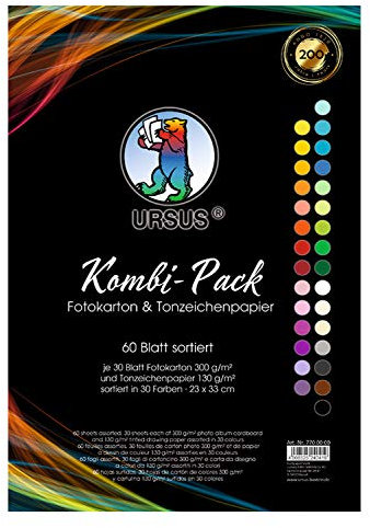 Ursus 7700000 - Kombi Block in der Jubiläumsausgabe, ca. 23 x 33 cm, 60 Blatt in 30 verschiedenen Farben, aus Fotokarton 300 g/qm und Tonzeichenpapier 130g/qm, hoher Farbbilanz und Lichtbeständigkeit