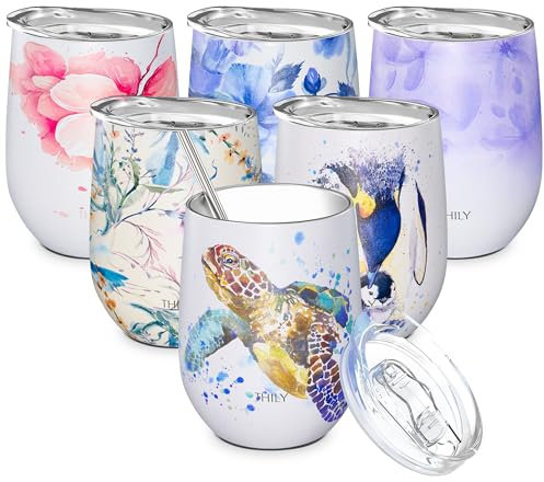 THILY Wine Tumbler Stainless Steel Insulated Stemless Wine Glass with Lid and Straw, Cute Travel Cup Keep Cold for Coffee, Cocktails, Special Collection, Sea Turtle