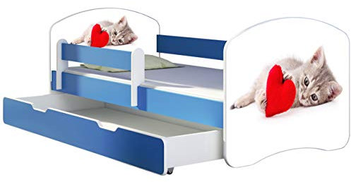 ACMA Kinderbett Jugendbett mit Einer Schublade und Matratze Blau mit Rausfallschutz Lattenrost II 140x70 160x80 180x80 (40 Katze mit Herz, 160x80 + Bettkasten)