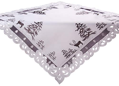 Quinnyshop Weihnachtsdecke - Bestickt mit Hirsch und Tanne Motiv Leinenoptik Polyester Grau-Weiß ca. 110 x 110 cm