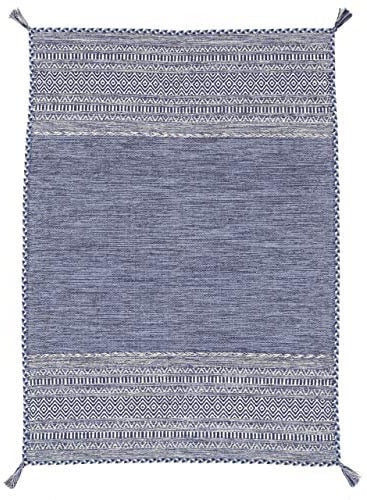 carpetfine Flachgewebeteppich Kelim Azizi Blau 60x110 cm | Moderner Teppich für Wohn- und Schlafzimmer