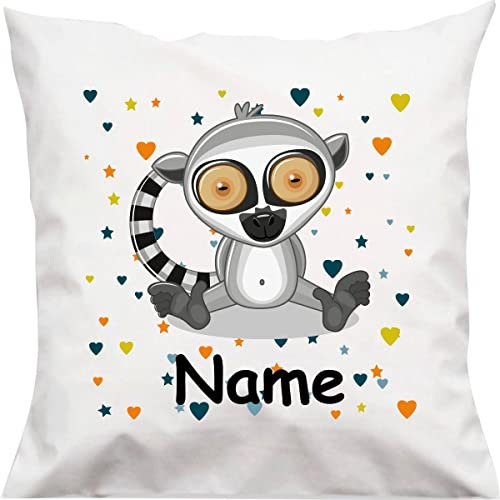 Shirtinstyle Kuschelkissen Katta AFFE mit Wunschnamen Tiermotiv Herzen Sterne, Kinderzimmer Kuscheln, Kopfkissen Dekokissen mit Füllung, Größe 40X40cm, Farbe weiß, Samt