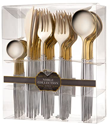 Decor Decorline - Ensemble de couverts réutilisables en plastique robuste - 40 pièces - Avec 16 fourchettes, 8 couteaux, 8 cuillères et 8 cuillères à dessert - Noble - Haut: Or - Poigné: Argent