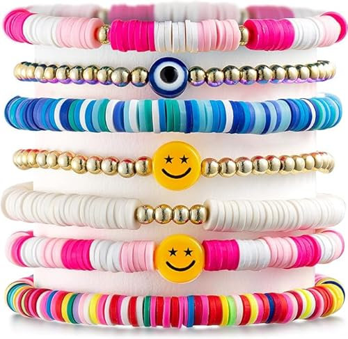 A1DIEE 7 Stücke Preppy Stackable Bracelets Bunt Happy Smile Evil Eyes Stretch Armbänder Y2K Handgemachte Charms für Mädchen, Sommer Boho Strand Accessoires Schmuck Geburtstagsgeschenke Party Favors