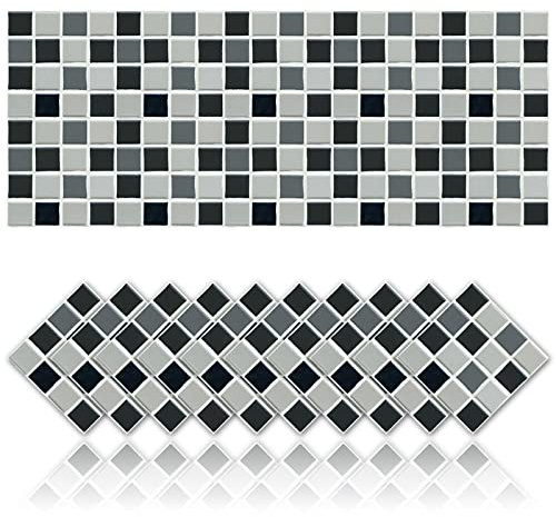 20 Stück Fliesenaufkleber, ölabweisend, wasserdicht, PVC, selbstklebend, Dekoration, Mosaik-Stil, Küche, Fliesenaufkleber für Badezimmer, grau-weiß-schwarz kariertes Design (20 x 20 cm)
