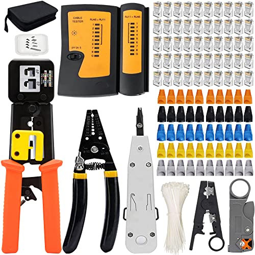 OKVNUO Pelacables Alicates de RJ45 CAT5 CAT6 Herramientas de Reparación de Red Comprobador de Cable 4P/6P/8P RJ11 RJ12 CAT5E Crimpado para Profesional Mantenimiento LAN Tester (Azul)