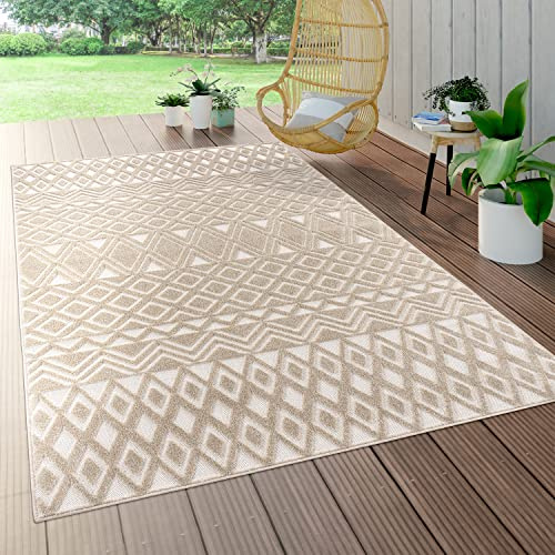 Paco Home Outdoor Teppich Wetterfest Wohnzimmer Balkon Küche Orientalisch Ornament Skandinavisch Geometrisches Muster 3D Effekt Modern, Grösse:60x100 cm, Farbe:Beige 5