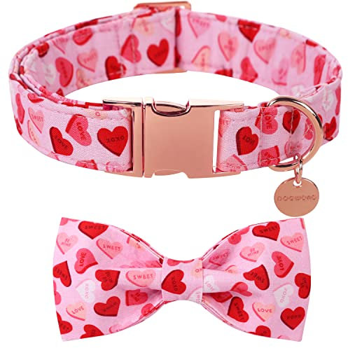 DOGWONG Valentinstag Hundehalsband mit Fliege - Pink Herz komfortable Baumwolle Weihnachten Hundehalsband mit abnehmbaren Fliege für klein Groß Mittel Hund