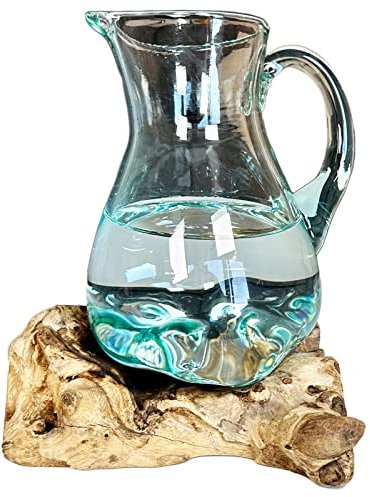 Darthome Molten Jug On Teak Root Stand Handmade Melted Glass Water Pitcher Wood Base Gift 22cm