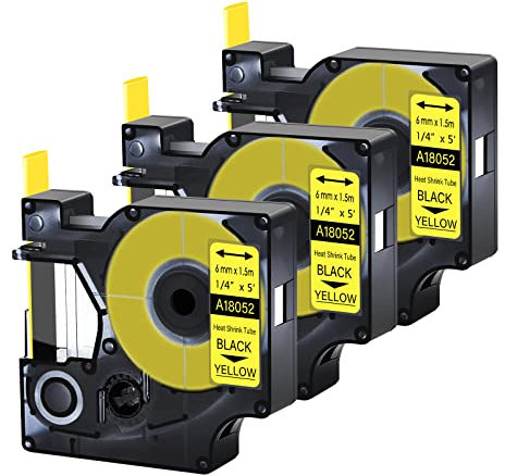 Cruxer 3 Pack Replacement for Rhino Label Tape 1/4 6mm 1.5m Heat Shrink Tube Label Tape Black on Yellow, Compatible with Rhino 4200 5200 5000 6000 Label Maker