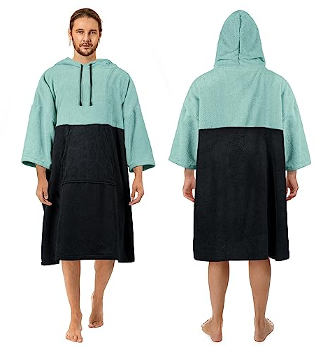 Zingtto Surf-Poncho zum Umziehen, 3/4-Ärmel, Extra Großer, Dicker Kapuzen-Handtuch-Poncho für Männer und Frauen, Strandschwimmen, 43''x35'', Schwarzgrün