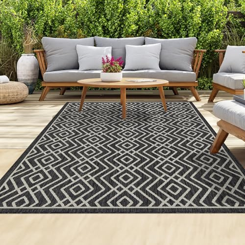 HomeArt Outdoor Teppiche | leicht zu reinigende Teppiche für Veranda, Deck, Balkon, Garten, Picknick, Küche, Flur | UV- und wetterbeständig, großer Terrassenteppich | Anthrazit Creme, 120 x 170 cm