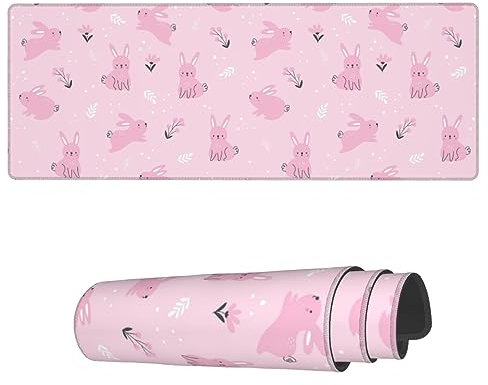 Famame Laptop-Mauspad, nahtlos, rosa Hasen, Schreibtischunterlage mit genähten Kanten, 80 x 30 cm, rutschfeste große Tastatur, Gummi-Schreibtischunterlage für Büro und Zuhause