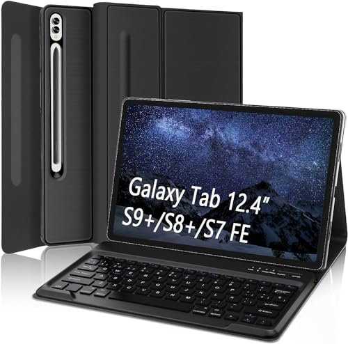WAVATA Funda con Teclado para Samsung Galaxy Tab S9 Plus 12.4 Pulgadas - Teclado Español Samsung Tab para S9+/S8+/S7+/S7FE 12.4 Pulgadas, Teclado Bluetooth Inalámbrico Desmontable con Funda, Nergo