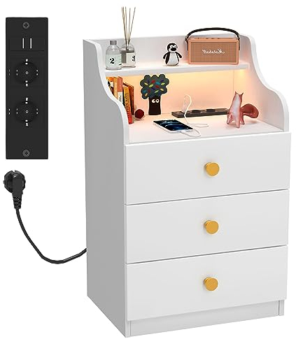 PIPIPOXER Nachttisch mit 3 Schubladen, Nachttisch Weiß, Nachtkommode 3 Schubladen, USB-Anschlüsse und Steckdosen, Nachtschrank Schlafzimmer, Beistelltisch für Wohnzimmer, 45x35x68cm, Weiß