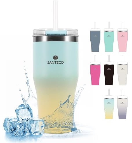 SANTECO 590ml Stainless Steel Travel Coffee Mugs with Lids and Straw, Double Wall Vacuum Insulated Coffee Flask with BPA-Free Keeps Hot and Ice Coffee or Tea, Yellow