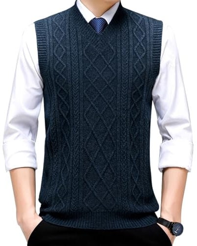 MANBOZIXi Strickeweste für Herren Wolle Jacquard Pullover, V-Ausschnitt Herren Pullunder, Blau M