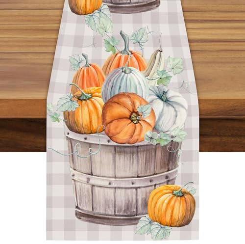 Coonoor Kürbis Tischläufer Orange - Karierte Tischläufer Herbst Modern, Waschbar Tischband Tischläufer Dekoration, Kürbis Läufer für Rustikale Hochzeit Party Dekor (Stil 10, 33 x 183 cm, Tischläufer)