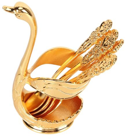 Coffee Spoon Set, Gold Swan Spoon Holder with 6 Dessert Spoons, Exquisite Golden Dessert Coffee Tea Spoons Table Decor for Home Cafes Restaurants