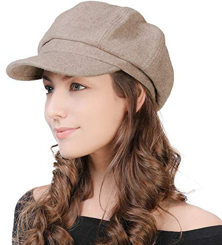 Comhats Damen Ballonmütze warme Schirmmütze Wintermütze Wolle Barett Maler Mütze mit Visor Newsboy Cap 67145_Leichter Kaffee(Satinfutte) M