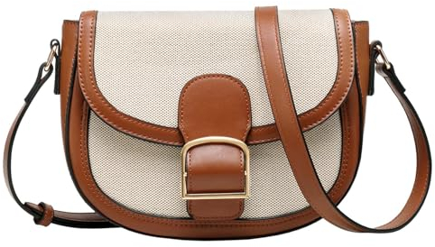 Kasgo Umhängetasche Damen, Vegane Leder Handtasche Kleine Schultertasche Retro Satchel Tasche Crossbody Bag für Frauen mit verstellbarem Gurt Weiß und Braun