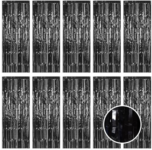 10 Pack Black Foil Curtain Backdrop 3.2ft x 9.8ft Metallic Tinsel Foil Fringe Curtains Streamer Photo Booth Backdrop for Birthday Party Engagement Bachelorette Party Decorations (Black)