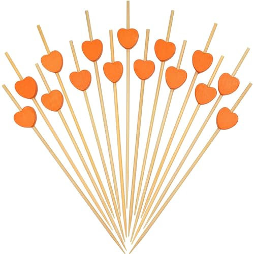 YXHZVON 100 Stücke Holz Zahnstocher mit Deko, Einweg Obst Sticks, Herz Cocktailspieße für Grillgut, Fingerfood, Obst-Spieß (Orange)