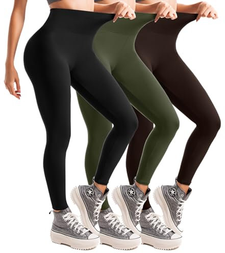 Leafigure Leggings Damen High Waist, Leggins Blickdicht Schwarz für Sport Gym Yoga 3er Pack L-XL