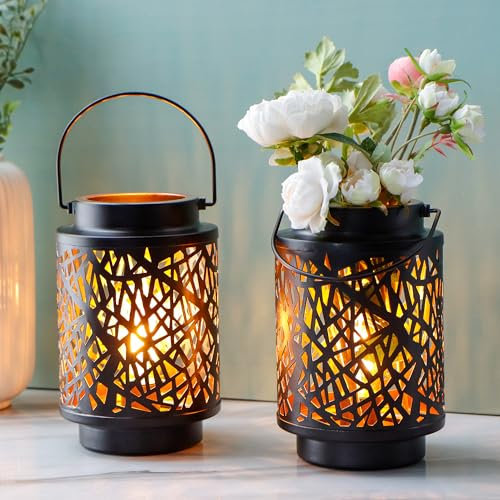 JHY DESIGN Set of 2 LED Metal Table Lamp 20cm High Cordless Light with 6-Hours Timer Battery Lantern for Patio Garden Outdoor Walkway Yard Party Events(Hollow Branch)