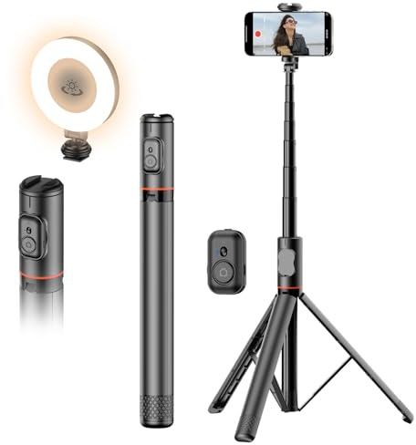 Joyful 72 Phone Tripod & Selfie Stick,Extendable Cell Phone Tripod Stand with Wireless Remote Control and Cold Shoe Mount,Compatible with iPhone and Samsung Android for Video/Photo (Black with Light)