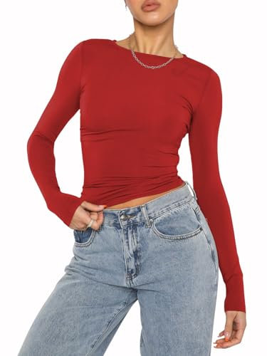 OYIGELZ Long Sleeve Shirt Women's Basic T-Shirt Crop Top Y2K Slim Fit Casual Tee Tops(Red-d,XXL)