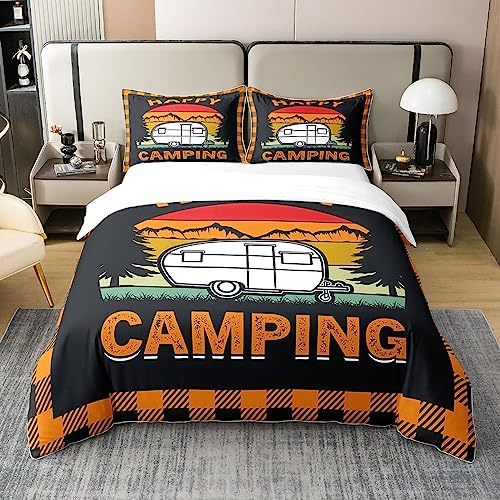 Loussiesd Camper 100% Baumwolle Bettwäsche Set 135x200cm Kinder Auto Happy Camping Bettbezug Set RV Camping Cartoon Auto Bettbezug Set Botanical Baum Grid Plaid Rot Orange Gelb Bettwäsche-Set