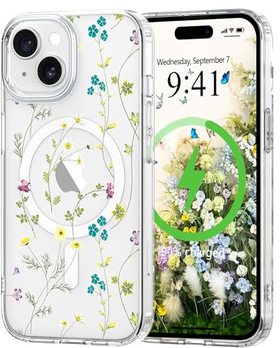L-FADNUT für iPhone 15 Hülle Transparent Blumen Muster Gelb | Magnetisch Handyhülle Kompatibel mit MagSafe, Durchsichtig Schutzhülle Hart PC Rückseite Dünne Stoßfest Kratzfestes Case