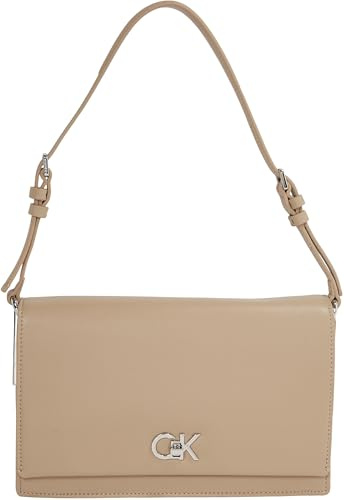 Calvin Klein Damen Schultertasche Elongated Shoulder Bag mit Drehschloss, Grau (Crockery), Einheitsgröße