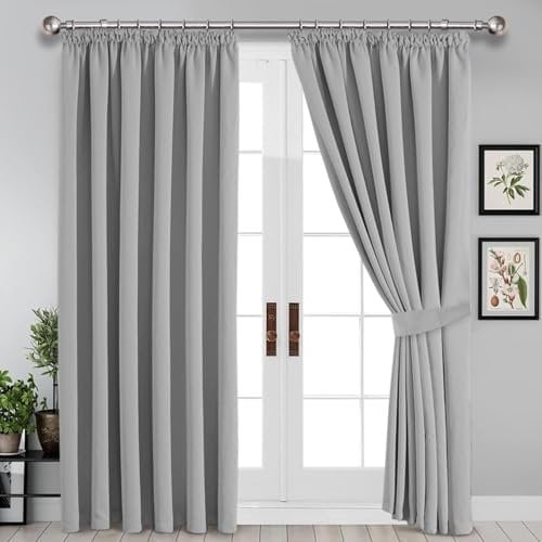 Imperial Rooms Blackout Pencil Pleat Curtains for Bedroom 90 x 90 Drop Inch Light Grey Curtains & Drapes Thermal Insulated Extra Long Curtain, 2 Panels with Tiebacks