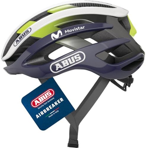 ABUS Rennradhelm AirBreaker - High-End Fahrradhelm für den professionellen Radsport - für Jugendliche und Erwachsene - Helm für Damen und Herren - Weiß/Blau (Movistar Team 24), Größe M