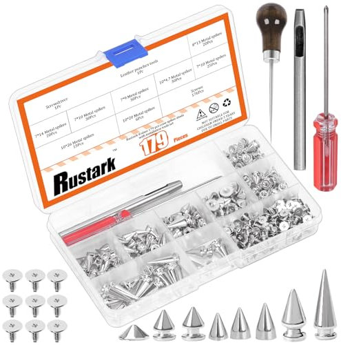 Rustark 179Pcs 8 Sizes Silver Metal Punk Spikes and Studs Assortment Kit with Tools Punk Rivet Studs Rivets Screw Screwback Studs Rivets for Punk Style Clothing Accessories Craft Decoration