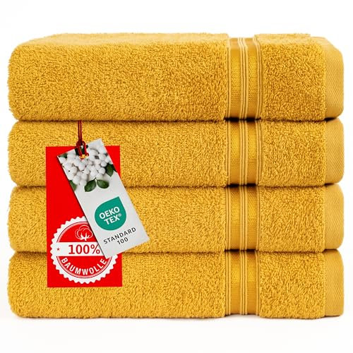 Hammetex 4er Handtücher Set, 100% Baumwolle Premium Qualität Groß 50x100cm Handtuch, Weich Saugstark Schnell Trocknendes Händehandtuch, Senf