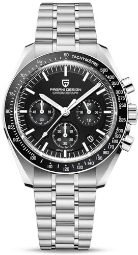 Pagani Design Herren Uhren VK63 Quarzwerk Edelstahl 100M Wasserdicht Mond Armbanduhr Chronograph 1701 V3, Stahl-Schwarz, Klassisch