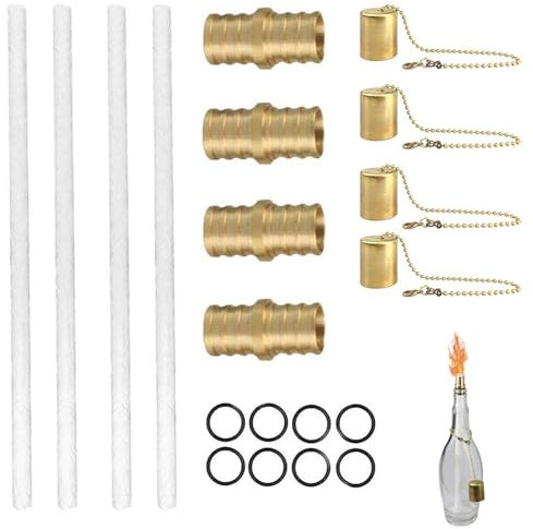 Bottle Candle Kit - Wine Bottle Torch Set, Wine Bottle Tiki Torch Kit | Oil Lamp Replacement Wick Hardware Kit, 4 High-Durability Torch Wicks, Copper Lamp Cover, Brass Wick Holder for Indoor Outdoor