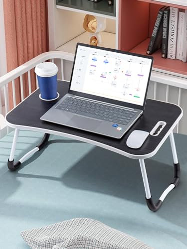 CROWNSHOP Laptop Table, 60 X 40 X 28cm Bed Table, Bed Desk Stand With Foldable Legs & Cup Slot Notebook Stand Computer Laptop Bed Table Laptop Tray For Sofa Bed, Pink (Black Brushed)